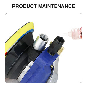 Schéma de maintenance du produit montrant l'application d'un spray sur un composant mécanique bleu et jaune.