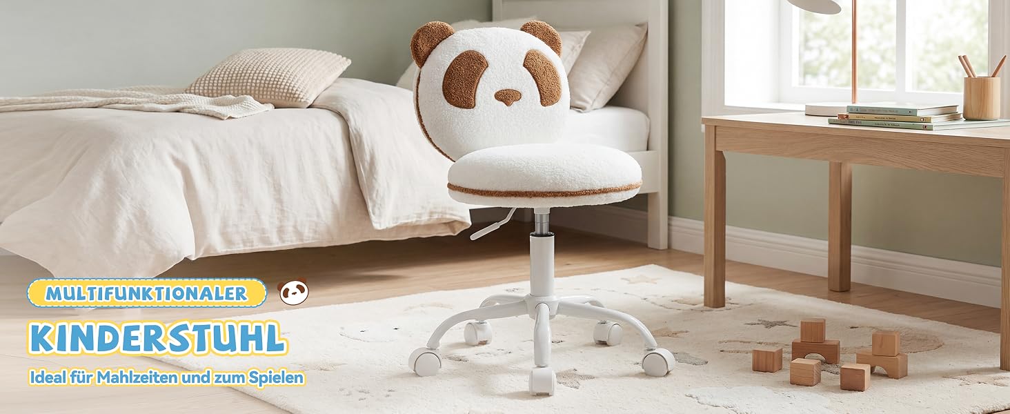Der Text lautet „KINDERSTUHL“ und das Produktbranding. Weißer Kinderstuhl aus Holz mit geschwungener Rückenlehne, präsentiert in einem hellen, minimalistischen Kinderzimmer mit Tageslicht und Holzmöbeln.