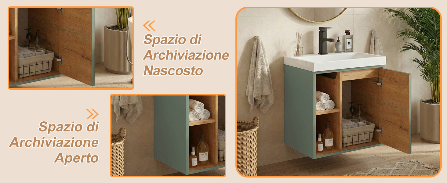 Il testo recita «Spazio di Archiviazione» e «Nascosto» e «Aperto». Serie di immagini che mostrano mobili di archiviazione in vari stati di posizione aperta e chiusa.