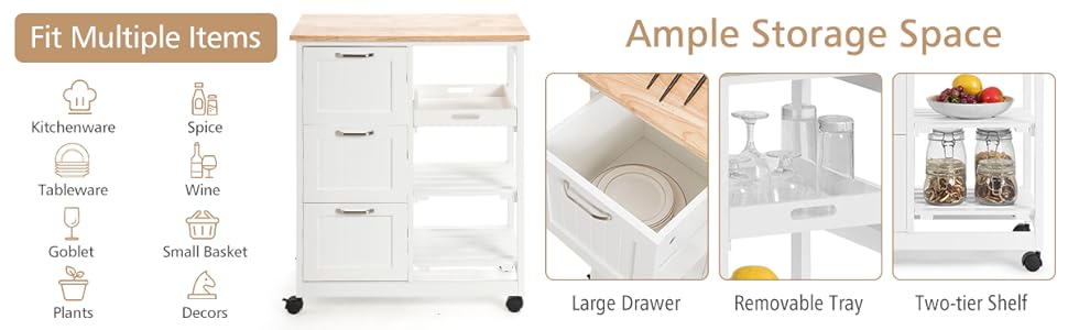 Giantex Carrello di Servizio con 4 Ripiani, Scaffale da Cucina con Rotelle,  Mobiletto Cucina Salvaspazio con 3 Grandi Cassetti, 67x37x83,5 cm, 2 Colori  (bianco)