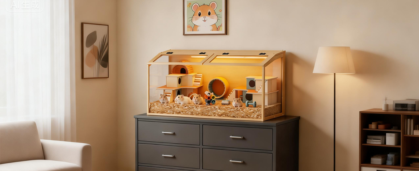 Contenitore in legno con pannelli esterni giallo/dorati posizionati su un comò scuro nell'ambiente interno beige, a dimostrazione dell'organizzazione della casa e del posizionamento dell'arredamento.
