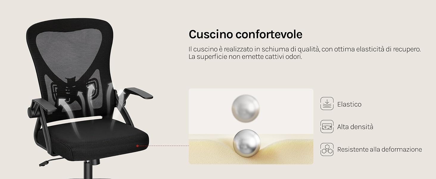 Il testo recita «Cuisine confortevole». Sedia da ufficio ergonomica in rete nera mostrata con le specifiche del prodotto e le icone delle caratteristiche su sfondo bianco.