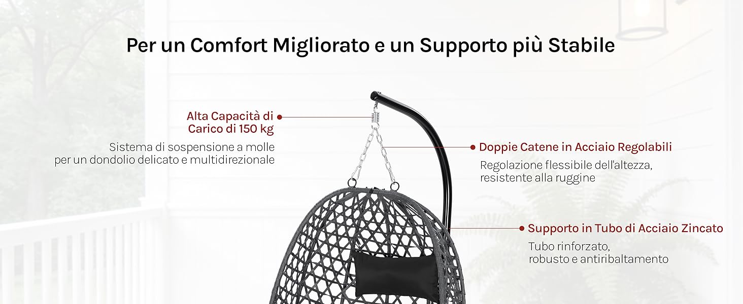 Il testo recita «Per un Comfort Migliorato e un Supporto più Stabile». Diagramma tecnico che mostra il progetto del supporto strutturale con componenti e misure etichettati.