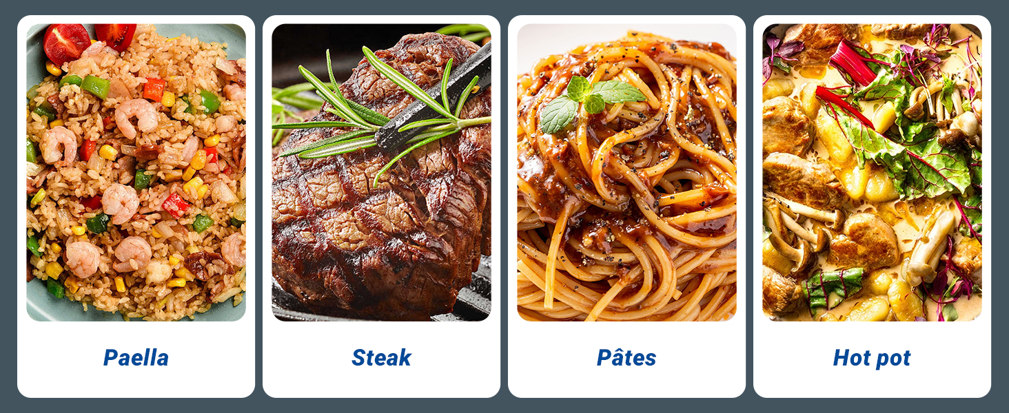 Quatre plats de restaurant présentés dans une grille : une paella aux fruits de mer, un steak grillé aux herbes, des pâtes en sauce et une marmite aux légumes