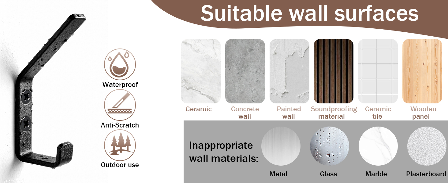 El texto indica 'Superficies de pared adecuadas'. Tabla de compatibilidad de productos con varios iconos de superficies de pared, incluyendo impermeabilidad, antihuellas y múltiples opciones de textura, como hormigón, azulejos y madera.