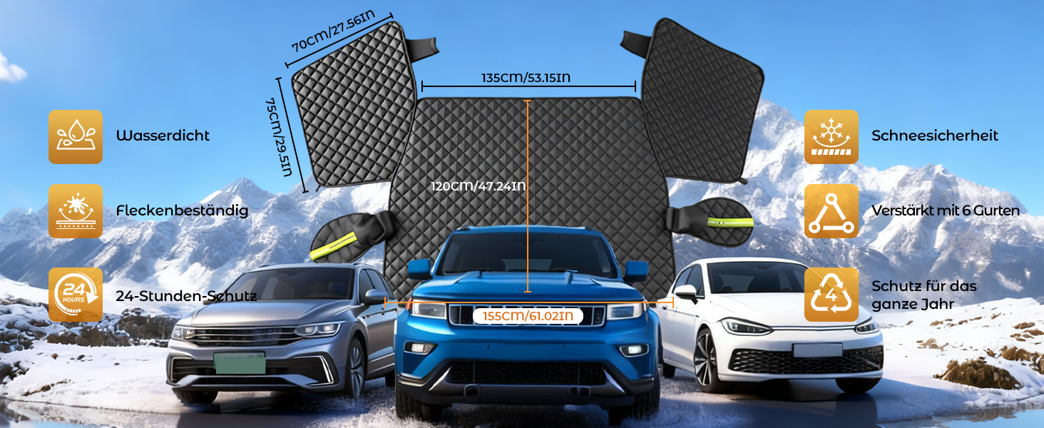 Sammlung von SUVs und Autos vor verschneiter Bergkulisse mit verschiedenen en Wettersymbolen und überlagerten Benutzeroberflächenelementen.