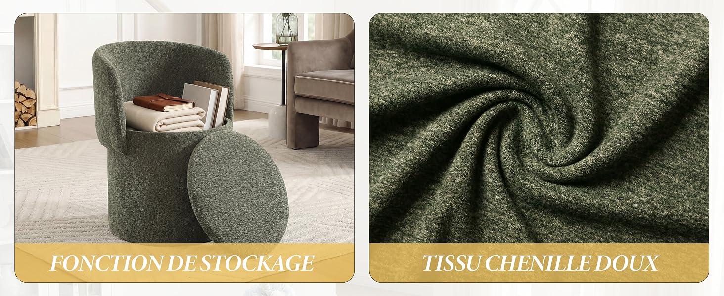 Deux panneaux représentant « FONCTION DE STOCKAGE » avec fonction de rangement pour chaise grise et « TISSU CHENILLE DUCK » orné de détails en tissu texturé foncé.