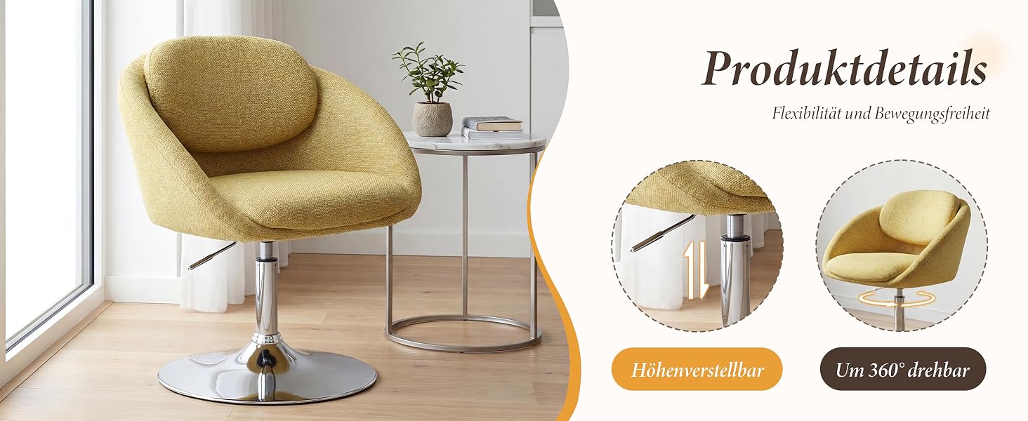 Der Text lautet „Produktdetails“. Sammlung moderner Möbelstücke, darunter goldene Drehstühle und elegante Designelemente, die in mehreren Produktansichten zu sehen sind.