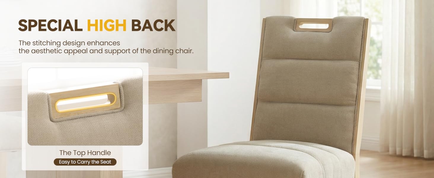 Text reads 'SPECIAL HIGH BACK'. Beige chair cushion with integrated handle shown in bright interior setting.