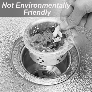 Sink strainer being cleaned over drain, with text overlay indicating 'Not Environmentally Friendly' in grayscale image.