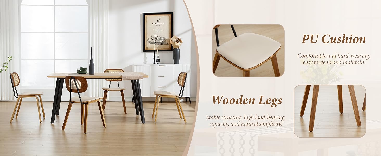 Modern dining set with round wooden table and four matching chairs. Features include PU cushioned seats and tapered wooden legs. Room setting shows white cabinet and framed wall art.