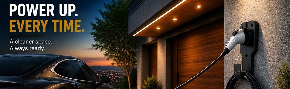 Text reads "POWER UP. EVERY TIME." with outdoor evening setting showing illuminated speaker device mounted on wall with product feature icons below.
