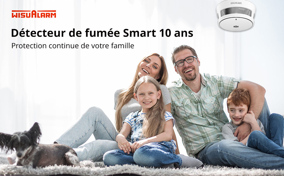 avec une durée de vie de 10 ans, illustré ci-dessus une famille se relaxant sur un tapis avec un chien, mettant l'accent sur la protection continue