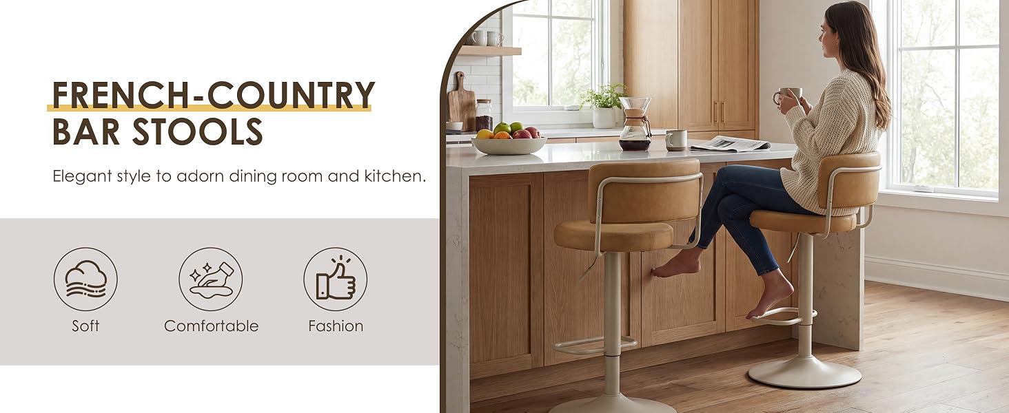 Text reads 'FRENCH-COUNTRY' 'BAR STOOLS' with icons for soft, comfortable, premium features. Woman seated at wooden kitchen counter on natural wood bar stool. Elegant dining room furniture in bright interior setting.