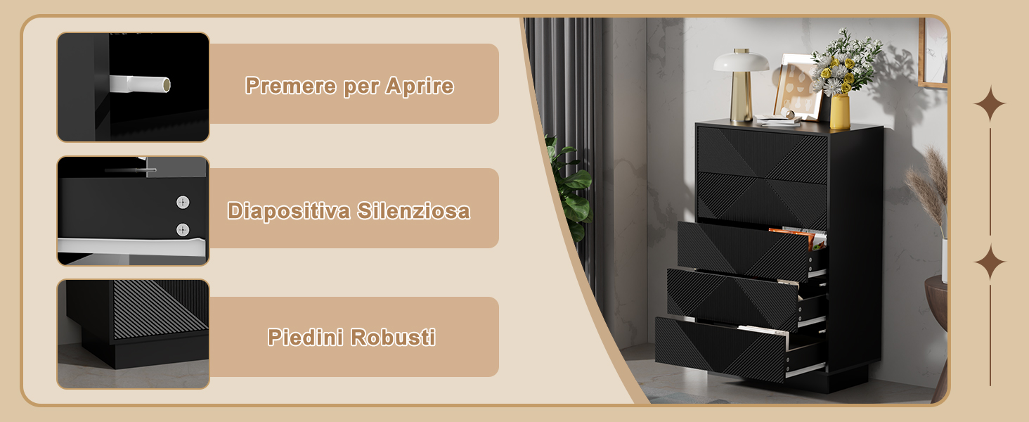 Vetrina di prodotti di arredamento con un contenitore o cassettiera nero a più cassetti, mostrato con i dettagli dei singoli scomparti su sfondo beige.