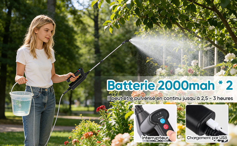 Le texte indique « Batterie 2000 mAh ». Démonstration d'un système d'arrosage de jardin montrant l'arrosage automatique des plantes en extérieur avec un feuillage vert et des environnements de jardin.