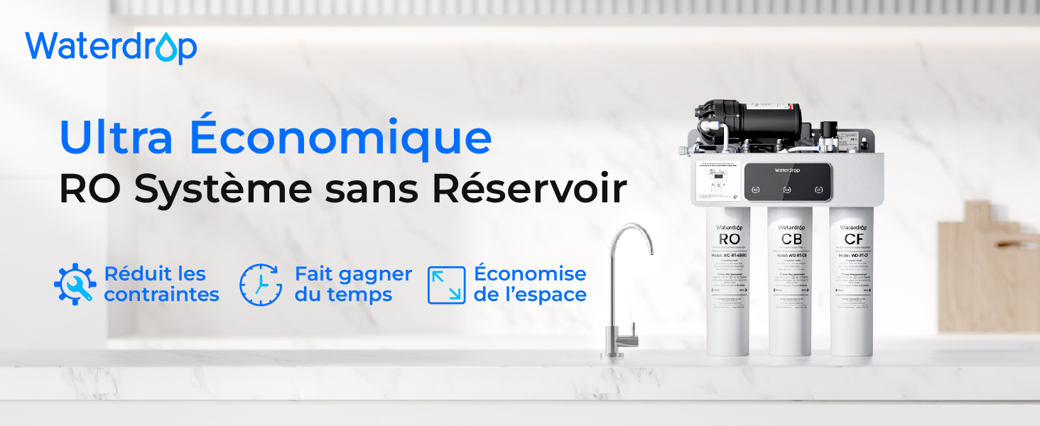 Le texte indique « Waterdrop Ultra Économique RO Système sans Réservoir » avec trois icônes d'avantages. Système compact de filtration d'eau par osmose inverse sous évier avec cartouches blanches et composants d'installation.