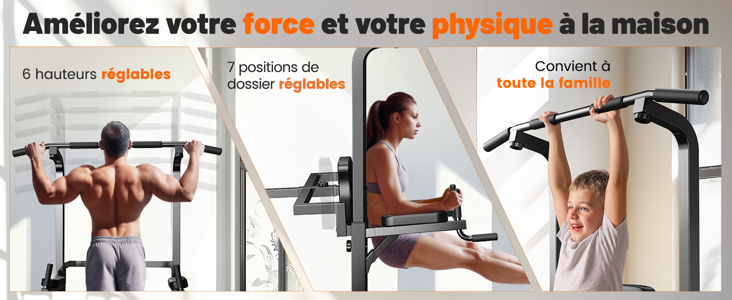 Le texte se lit comme suit : « Améliorez votre force et votre physique à la maison ». Collage de démonstrations d'exercices montrant différents mouvements de musculation.