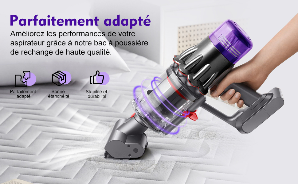 mit violetten Akzenten, die auf Teppichen verwendet werden. Enthält ein transparentes Staubfach, ein tragbares Design und Symbole, die Leistungsvorteile anzeigen.