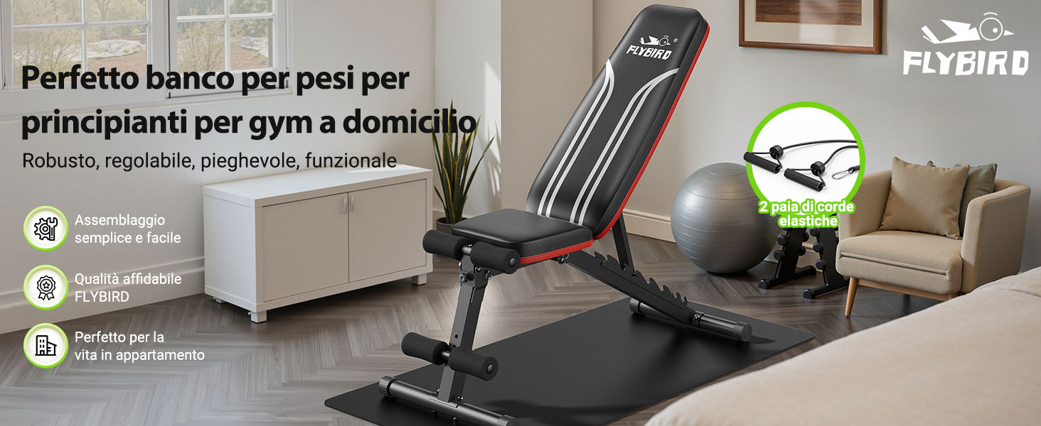 Il testo recita «Perfetto banco per pesi per principianti per gym a domicilio». Panca pesi mostrata nella versione home gym con imbottitura ammortizzata.