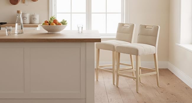 Modern kitchen interior featuring cream-colored bar stools at wooden counter. Room has light wooden flooring, white walls, and natural lighting from windows.