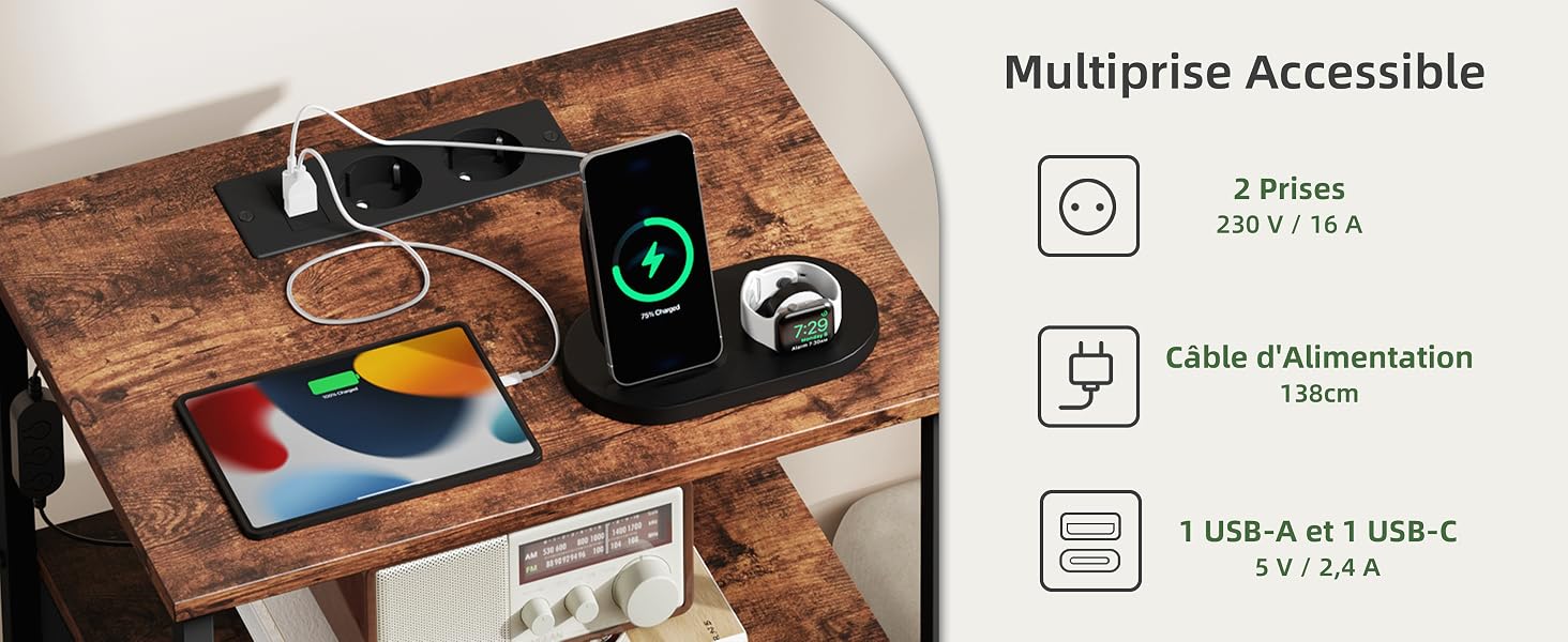 Le texte indique « Multiprise Accessible », « 2 prises », « Câble d'alimentation 150 cm », « 1 USB-A et 1 USB-C ». Borne de recharge de bureau avec plusieurs appareils et affichage graphique circulaire coloré.