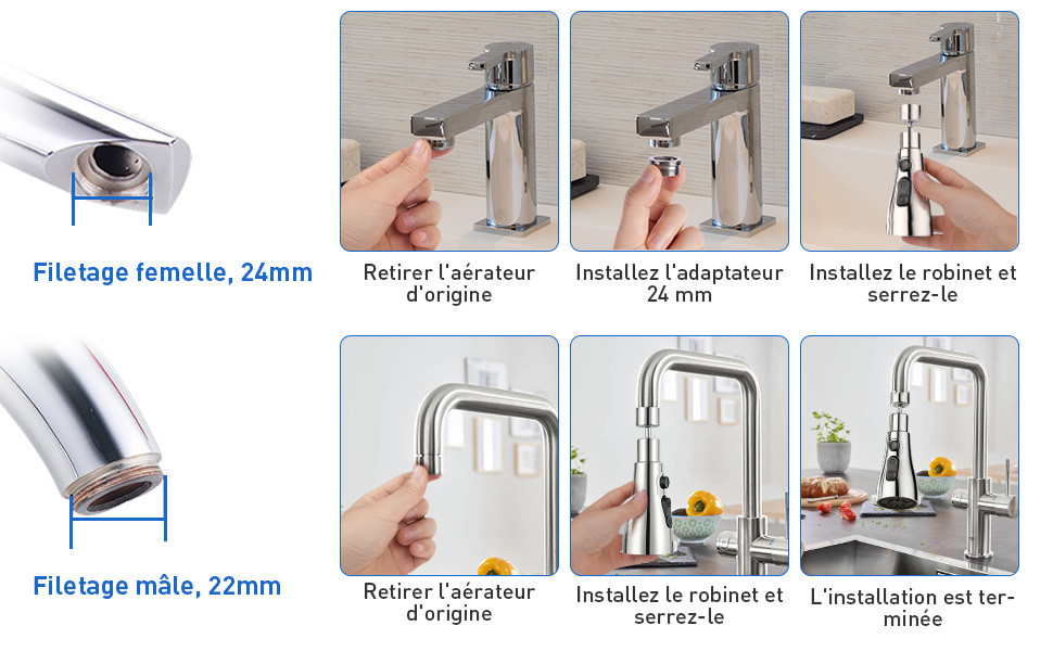 OSDUE Aireador Grifo Cocina de 360° Giratorio FM22 M24 con Adaptador, 3 Modos Ajustable