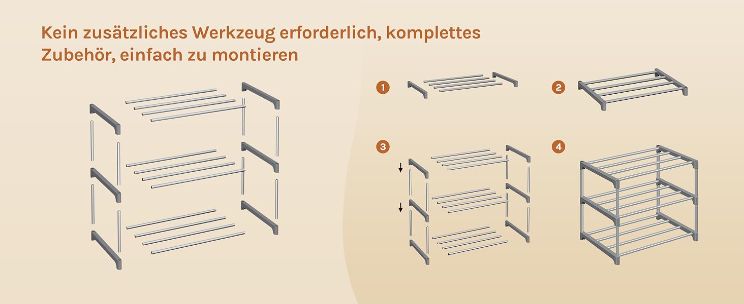 Der Text lautet „Kein zusätzliches Werkzeug erforderlich, komplettes Zubehör, einfach zu montieren“. Montageanleitung mit schrittweisen Diagrammen des modularen Regalaufbaus, von Einzelteilen bis hin zum fertigen dreistufigen Regalsystem.