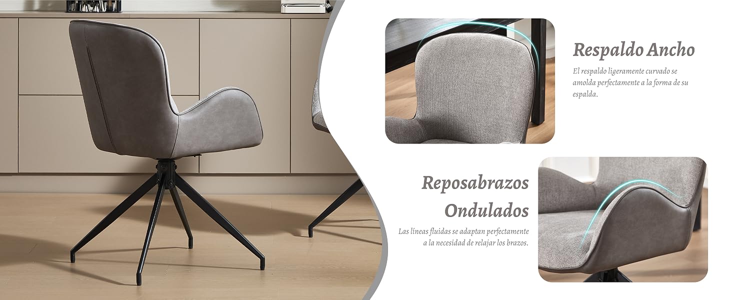 Silla de oficina moderna con tapicería gris y base negra con patas de araña. La imagen dividida muestra un primer plano de los detalles de la tela texturizada.