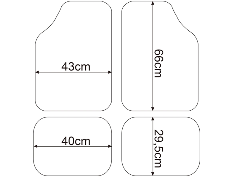 Technical diagram showing dimensions of car floor mats: front mats 43cm x 66cm and rear mats 40cm x 29.5cm