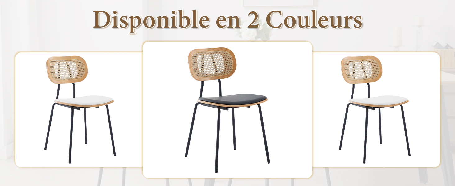 Trois chaises de salle à manger modernes avec dossiers en rotin et cadres en métal. Sièges disponibles en blanc, gris foncé et beige clair. Le texte indique « Disponible en 2 couleurs » en français