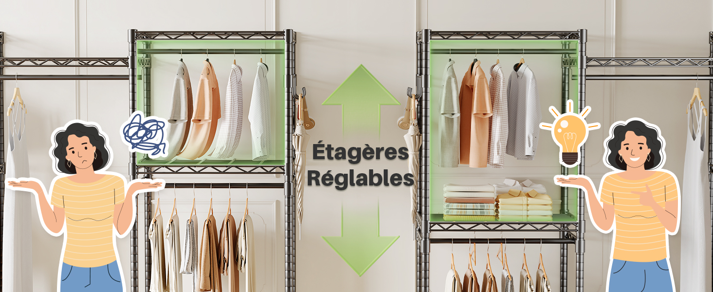 Schéma pédagogique de style dessin animé illustrant l'organisation du rangement avec des libellés « Étagères » (étagères) et « Réglables » (ajustables) encadrés orange et vert.