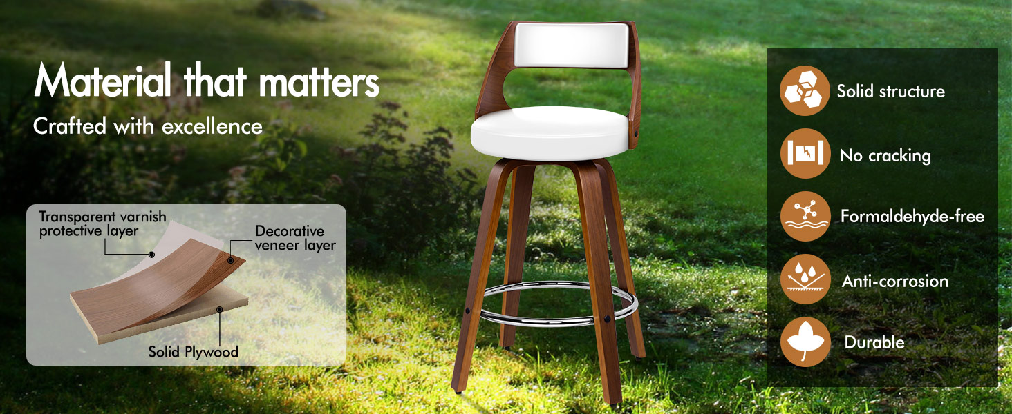 Text reads 'Material that matters' with outdoor furniture scene showing wooden chairs on grass, accompanied by circular icons indicating product features.