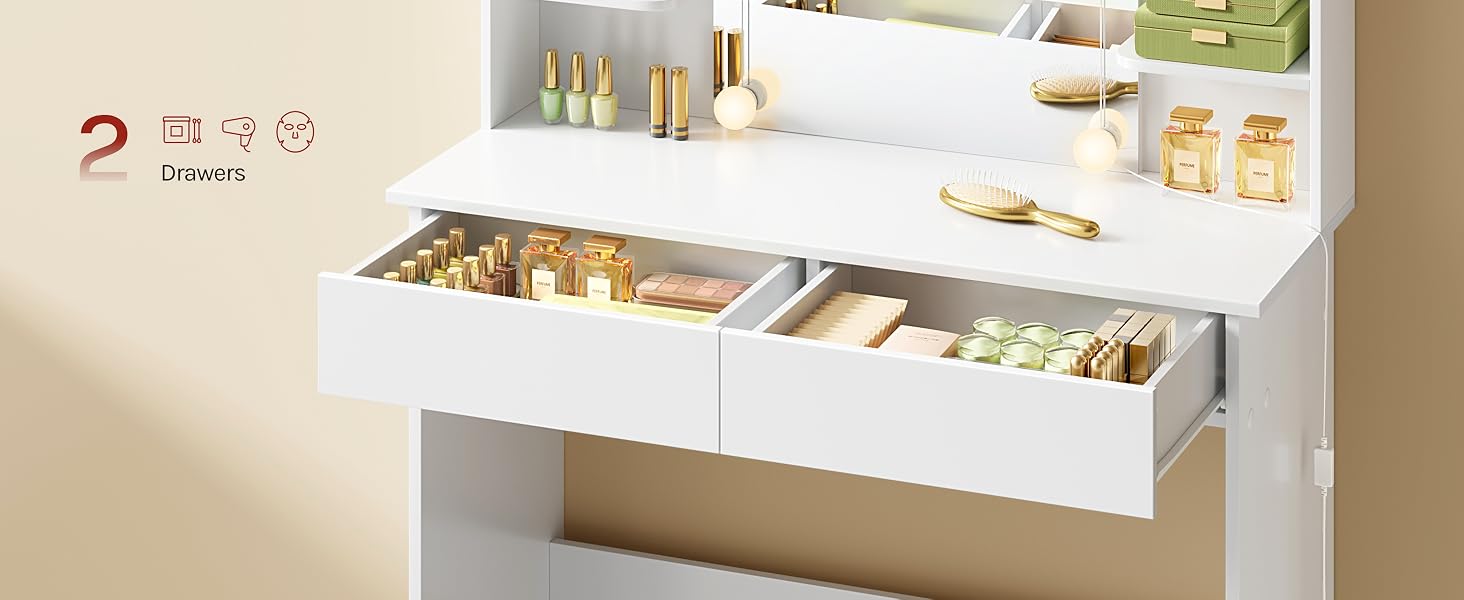 White storage drawer system with multiple compartments shown both closed and open, revealing organized small items inside.