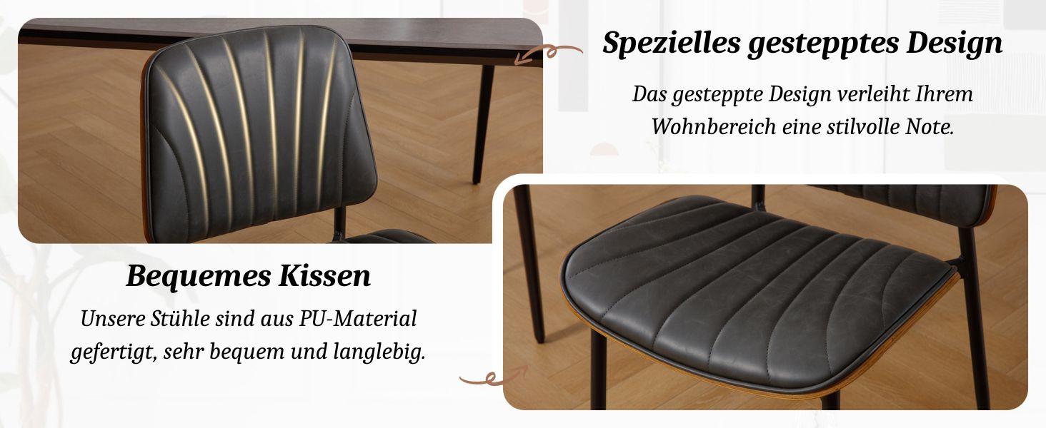 Moderner Esszimmerstuhl mit schwarzem Ledersitz und Rückenlehne. Das gepolsterte Design verfügt über vertikale Nähte. Holzbeine sichtbar.