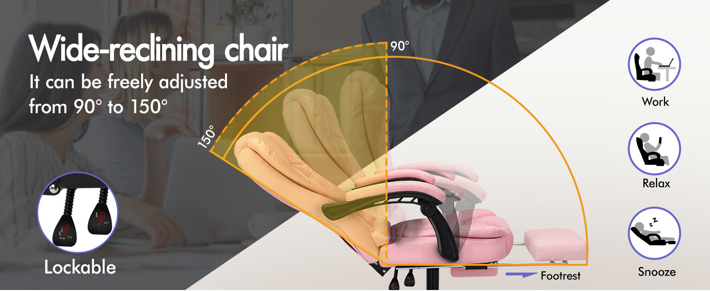 Text reads 'Wide-reclining chair' and 'It can be freely adjusted from 90Đ±Ń to 150Đ±Ń'. Chair with beige cushioning, pink base, lockable wheels, showing adjustment angle marking and functional position icons for Work, Relax, Snooze, and Footrest.