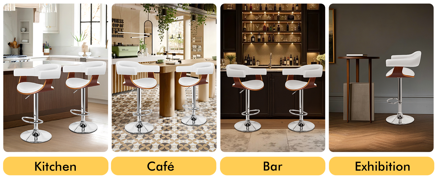Text reads 'Kitchen Café Bar Exhibition'. Four interior scenes showing modern white adjustable bar stools in different settings with varying backgrounds and lighting.