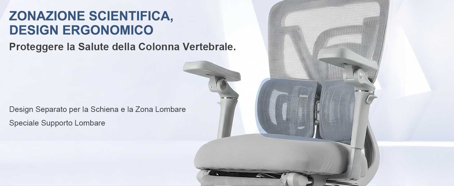 Il testo recita «ZONAZIONE SCIENTIFICA, DESIGN ERGONOMICO» (Scientific zoning, Ergonomic Design). Sedia da ufficio ergonomica grigia e bianca con schienale in rete e zone di supporto della colonna vertebrale dettagliate visibili sulla superficie dello schienale.