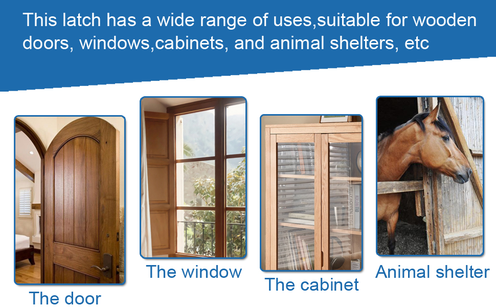 Product usage guide showing four applications of a latch: wooden door, window, cabinet, and animal shelter, with labeled images for each use.