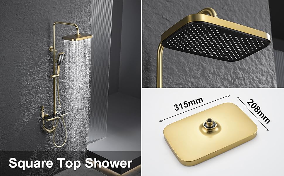 Système de douche de luxe avec pomme de douche à effet pluie carrée en finition dorée, illustré avec des mesures dimensionnelles et une démonstration de pulvérisation d'eau.