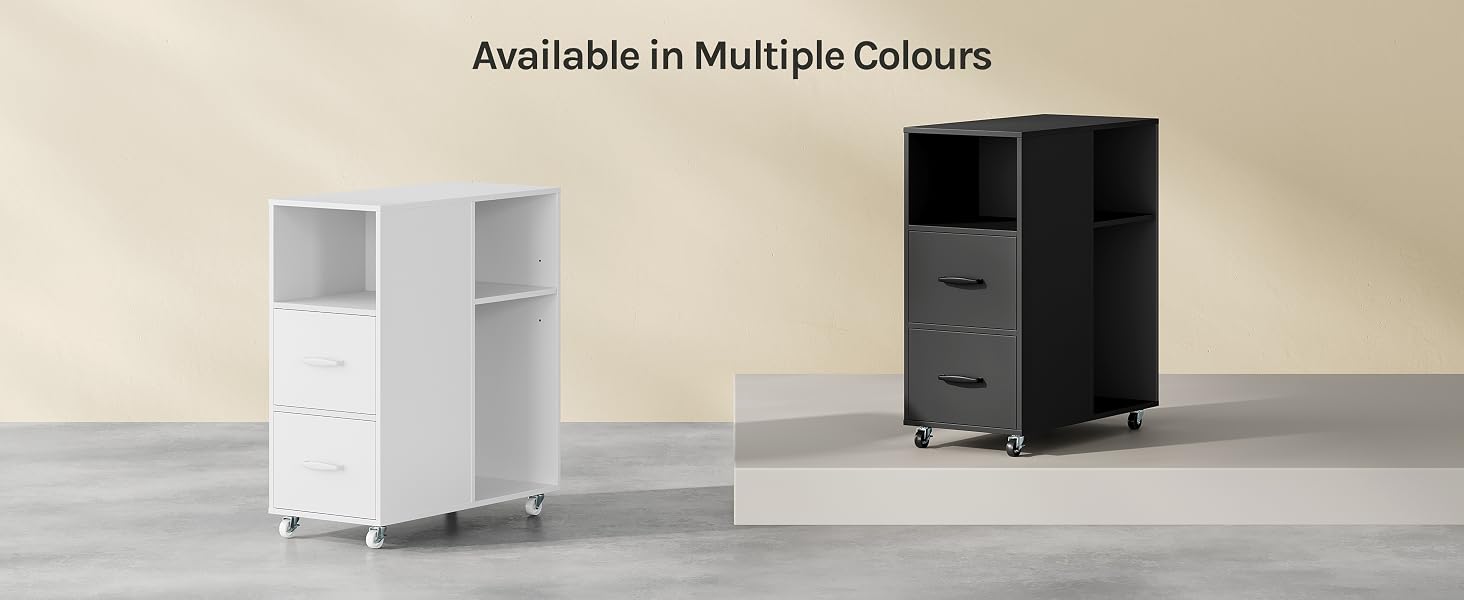 Text reads 'Available in Multiple Colours'. Four vertical tower-shaped computer cases displayed in white and black color variants against neutral background.