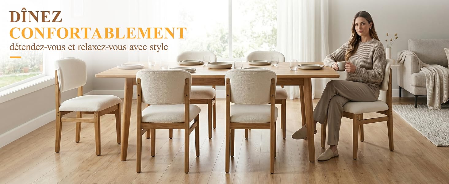 Le texte se lit comme suit : « DÎNEZ CONFORTABLEMENT d'étendre vous et célèbre-vous avec style ». Table à manger en bois avec chaises rembourrées, femme assise. Salle à manger lumineuse avec mobilier contemporain.
