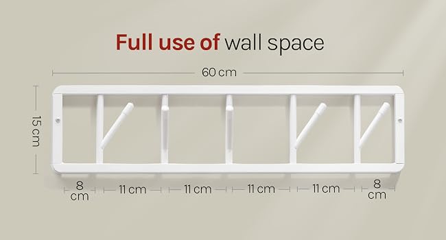Text reads 'Full use of wall space', '60cm', '95cm', and measurements '8cm', '11cm', '11cm', '11cm', '11cm', '8cm'. Architectural diagram showing horizontal wall-mounted shelving unit with six compartments and precise dimensional spacing layout.
