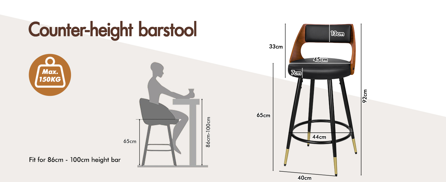 Text reads: 'Counter-height barstool' with technical diagram showing dimensions and silhouette of person sitting, alongside product image of black padded barstool with wooden backrest.