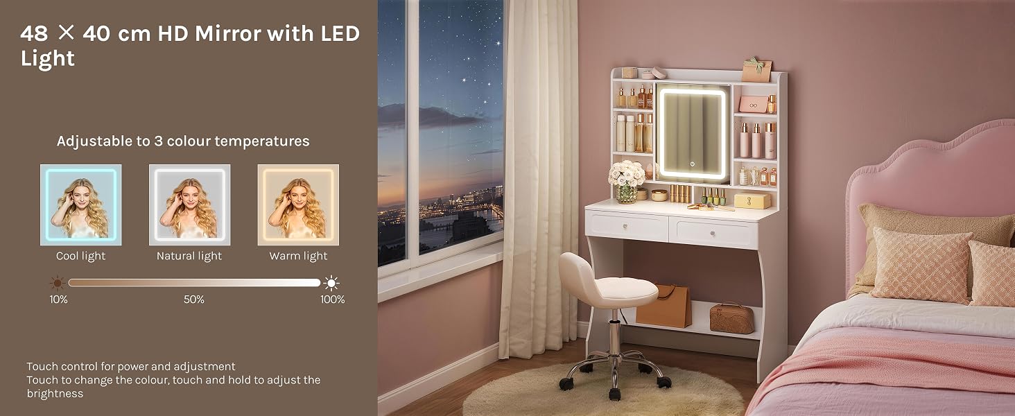 Text reads '40" x 40cm HD Mirror with LED'. Bedroom interior featuring wall-mounted rectangular mirror with LED lighting above wooden dresser with pink bedding and decorative elements.