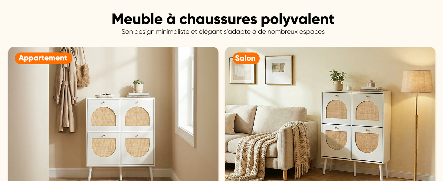 Le texte indique « Meuble à chaussures polyvalent ». Image à deux panneaux montrant une armoire blanche avec des motifs de portes cintrées, placée contre des murs beiges avec des éléments de décoration intérieure.