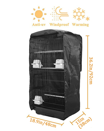 Bird cage cover with protective features including anti-sun, windproof, and warming properties, shown with dimensions of 18.9in/48cm width and 32.3in/82cm height.