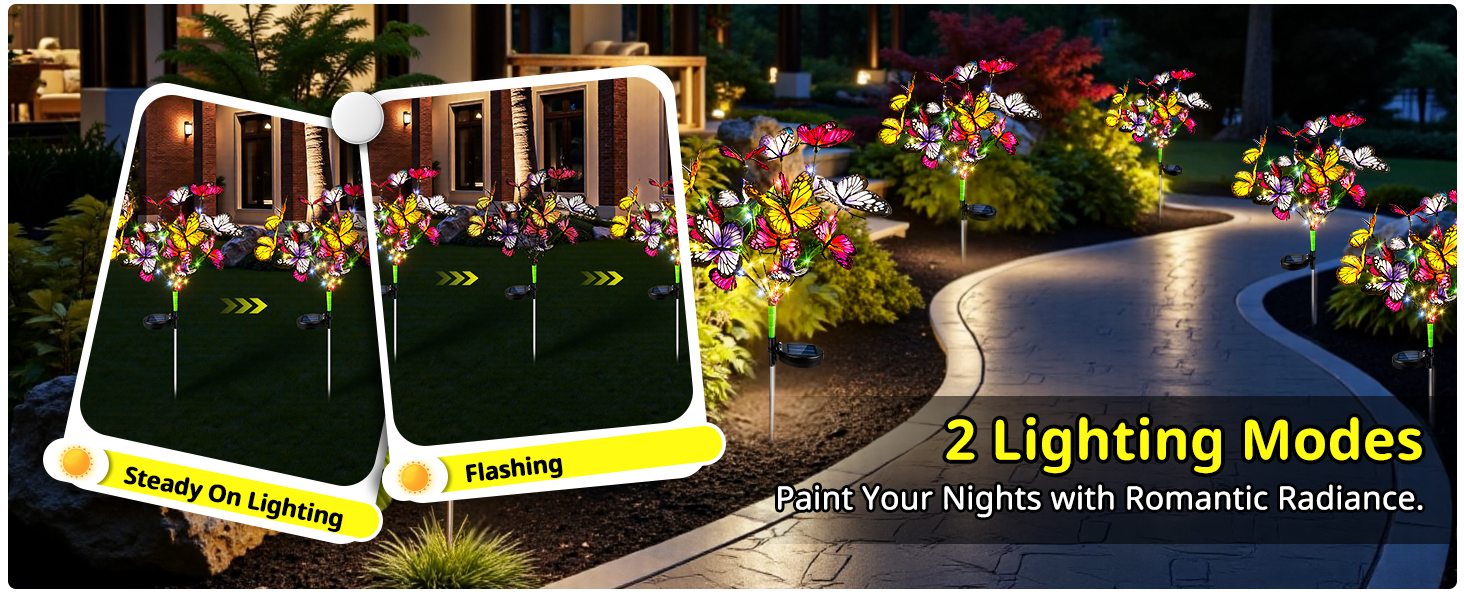 Text reads '2 Lighting Modes'. Series of outdoor landscape photos showing garden pathway lighting in different modes, demonstrating various illumination effects on plants and walkways.