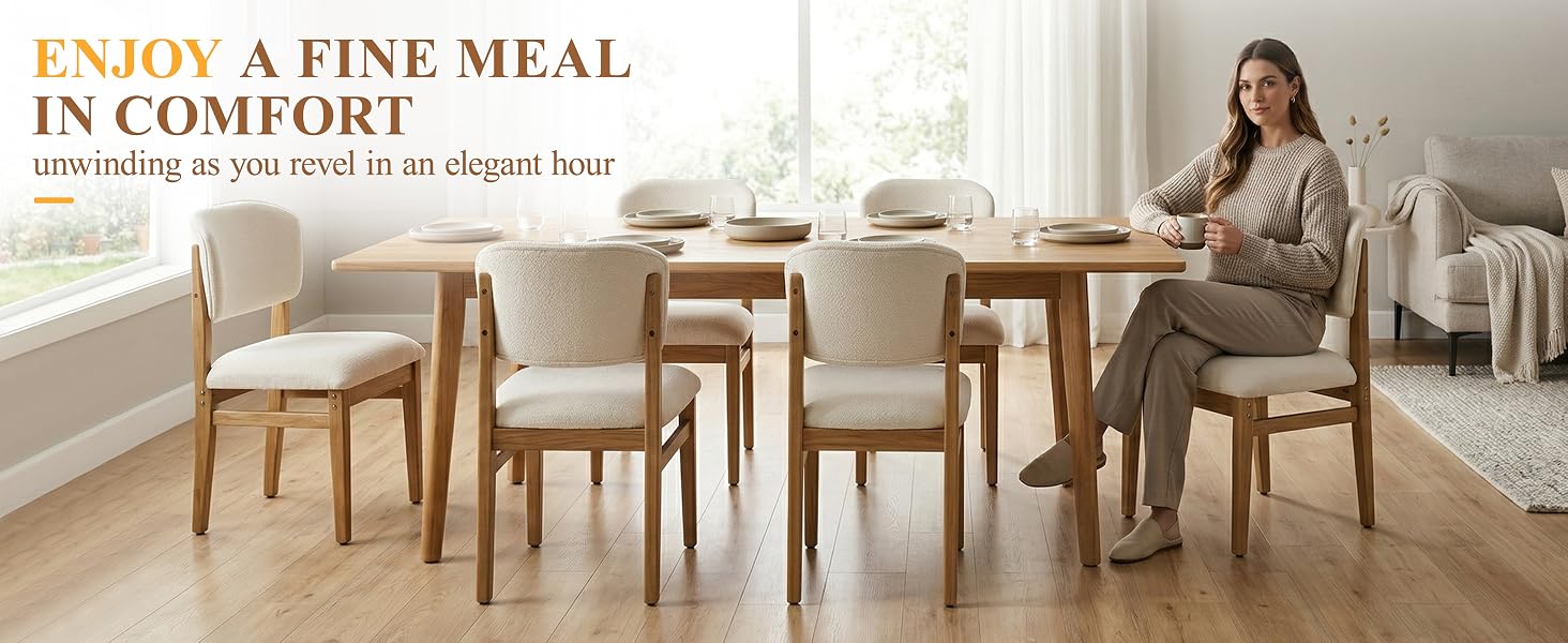Text reads 'ENJOY A FINE MEAL IN COMFORT', 'surprising as you ever in an elegant bar'. Woman seated at wooden dining table with chairs in bright living room with natural light.