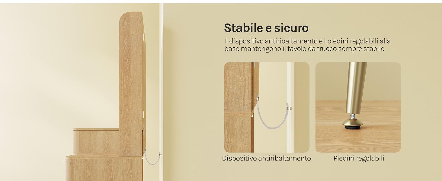 Il testo recita «Stabile e sicuro» con l'assemblaggio del prodotto o il diagramma delle informazioni di sicurezza di seguito che mostra i componenti dei mobili in legno, i supporti angolari e gli accessori di installazione visualizzati su sfondo beige.